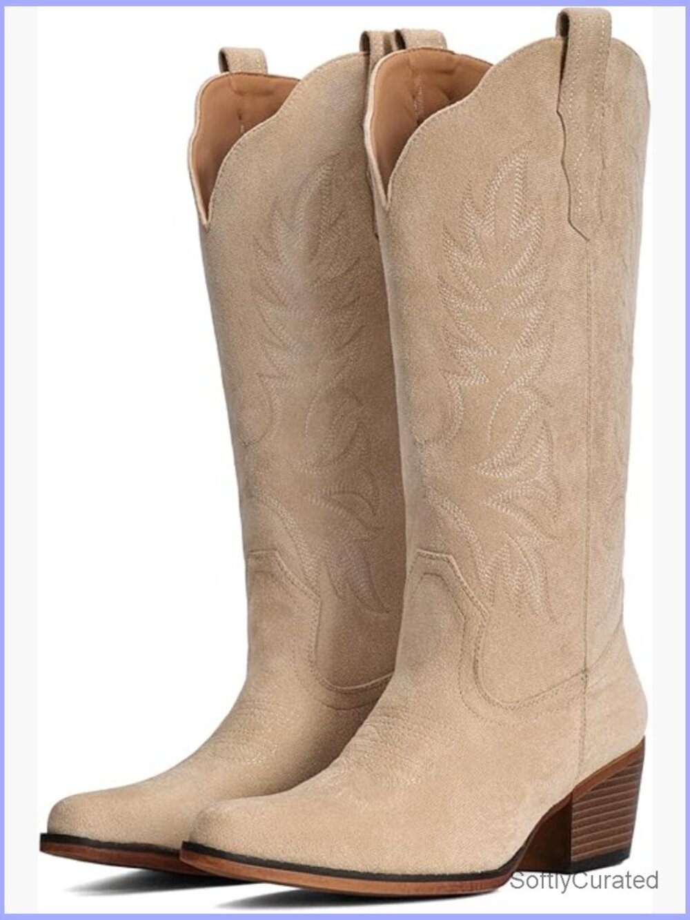 Embroidered Suede Western Cowboy Boots Mid Calf Chunky Heel Snip Toe Cowgirl